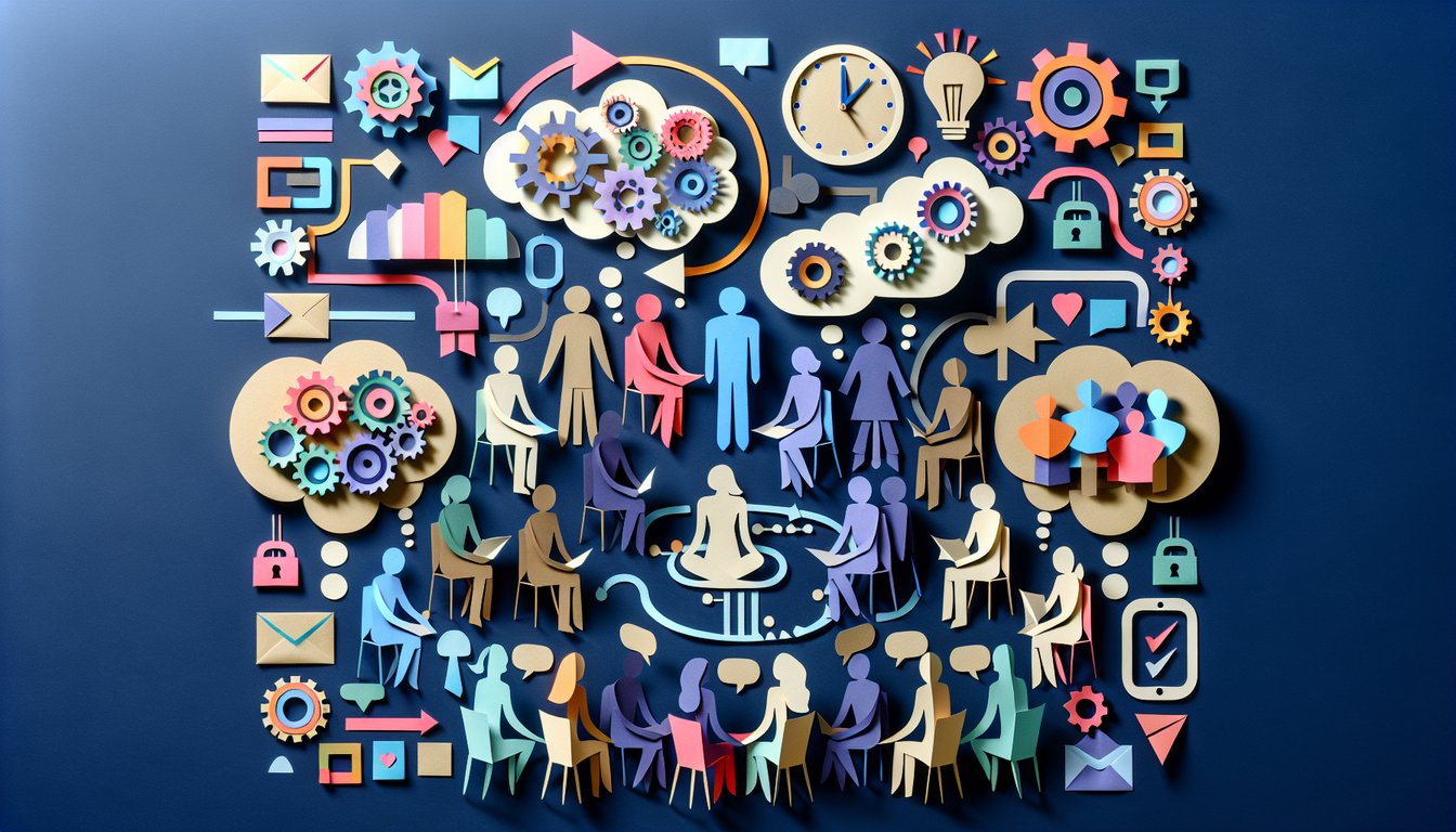 Colorful paper art depicting a trivia quiz about Employee Team Memory Quiz