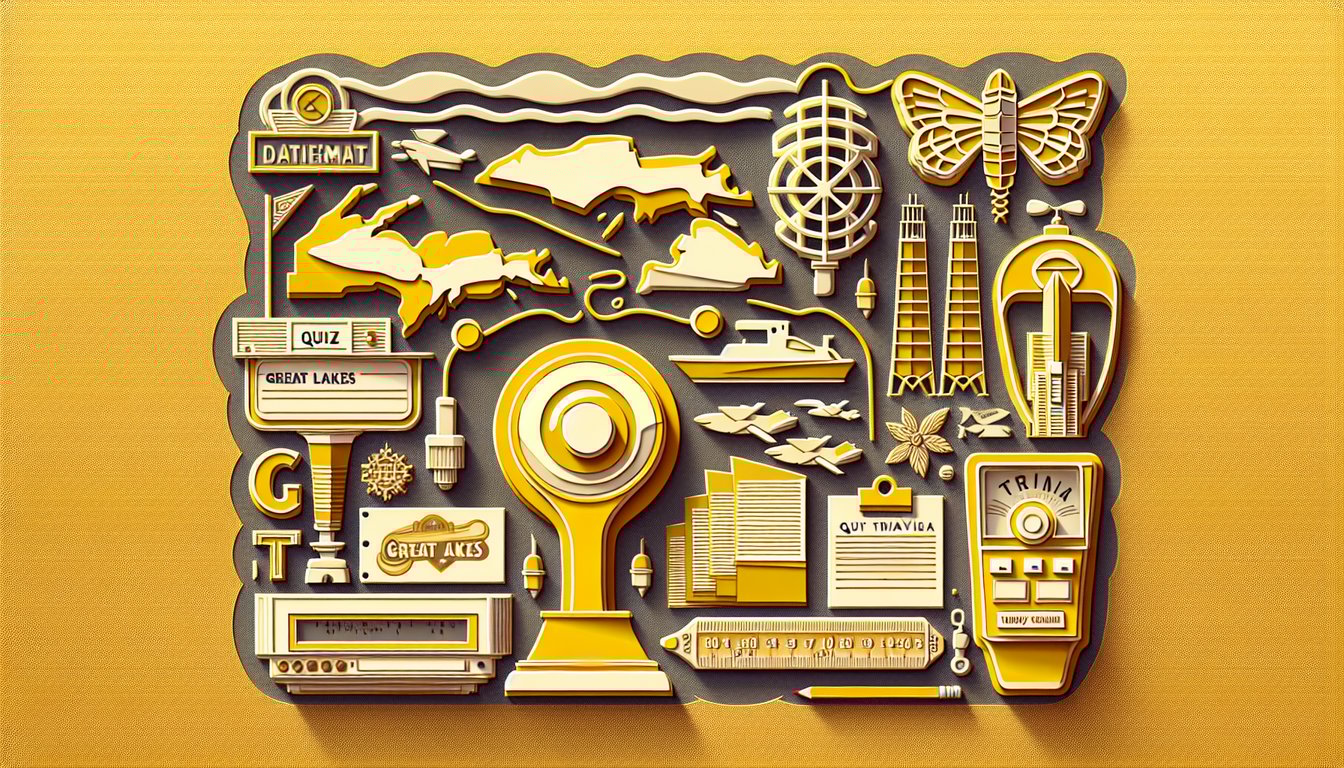 Paper art style Great Lakes map with quiz icons on golden yellow background