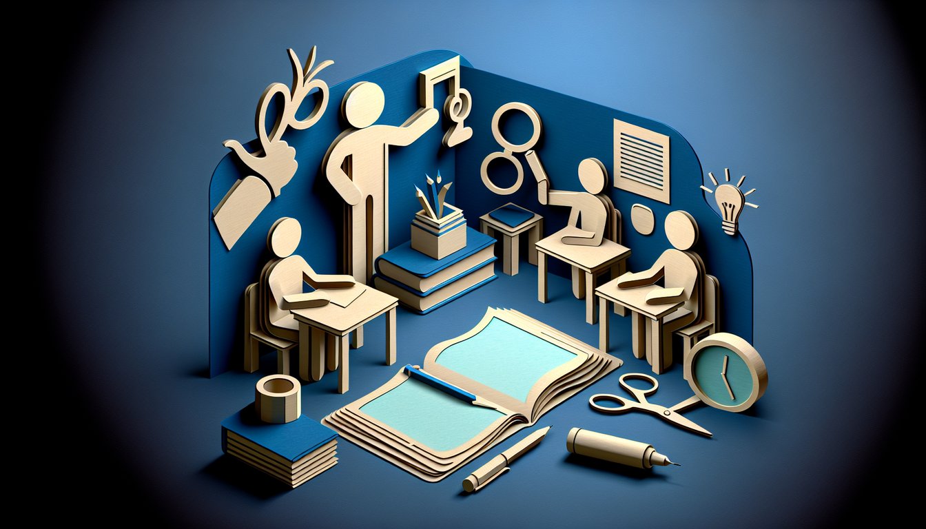 Illustration for quiz teaching possessive adjectives with paper letters pencil and score sheet on dark blue background