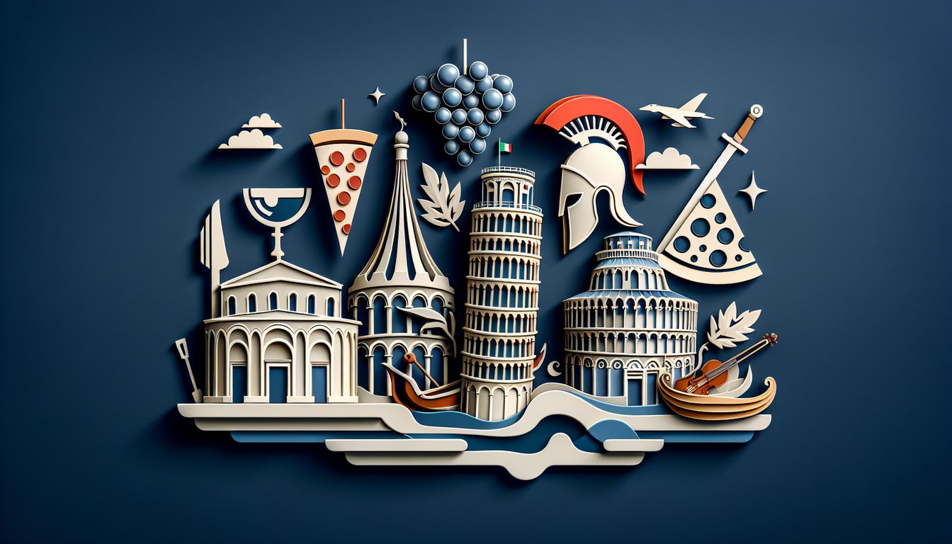 Paper art illustration for Italy trivia quiz on dark blue background