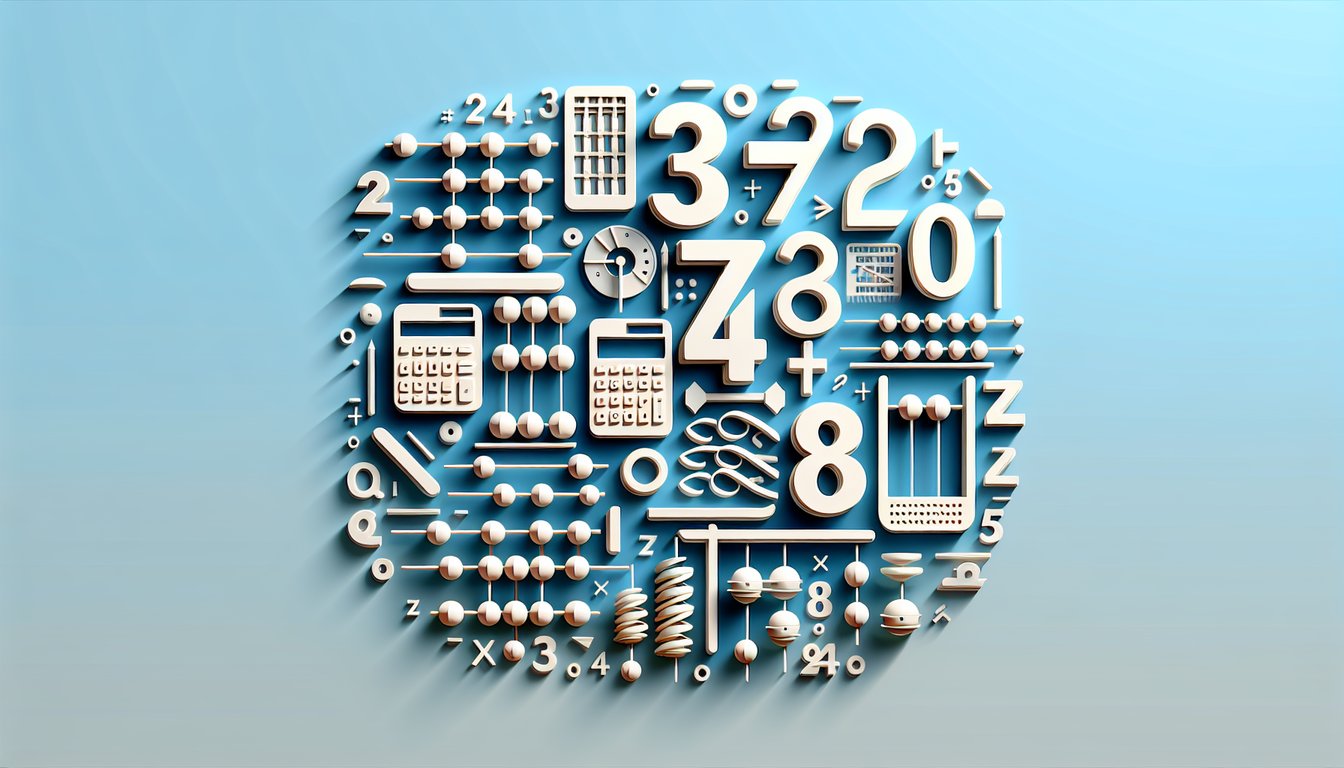 Paper art illustration for a free Math Pop Quiz on sky blue background