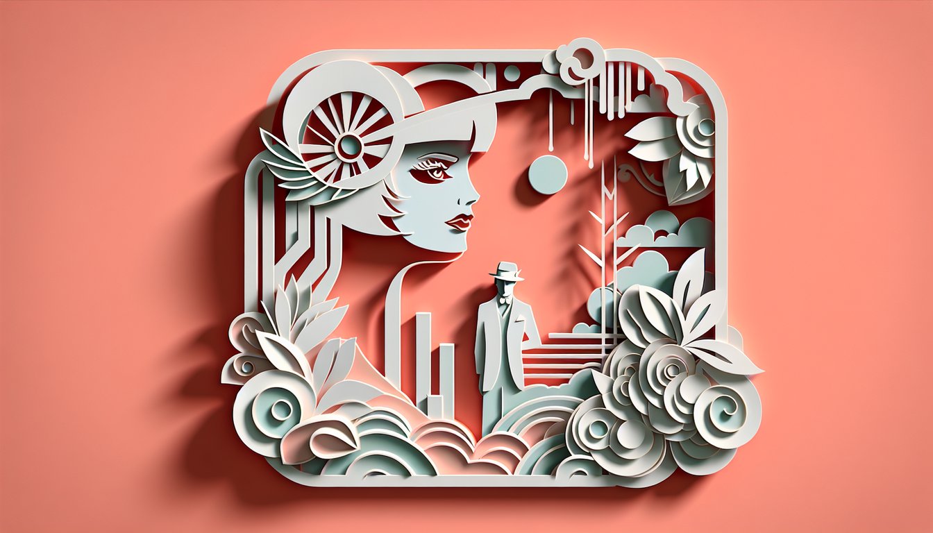Paper art illustration for The Great Gatsby chapter 1 quiz on coral background