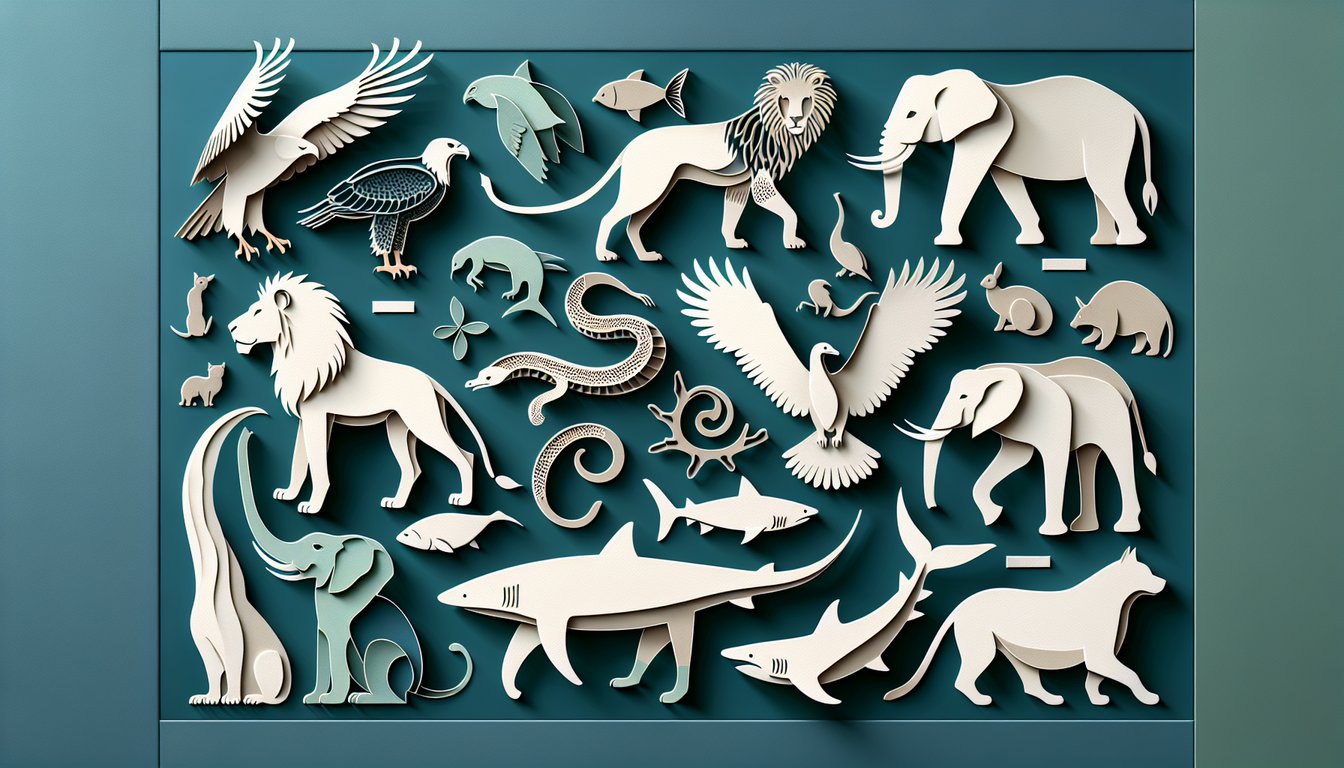 Paper art collage of animal silhouettes horse fish bird insect cow pig on teal background with quiz banner