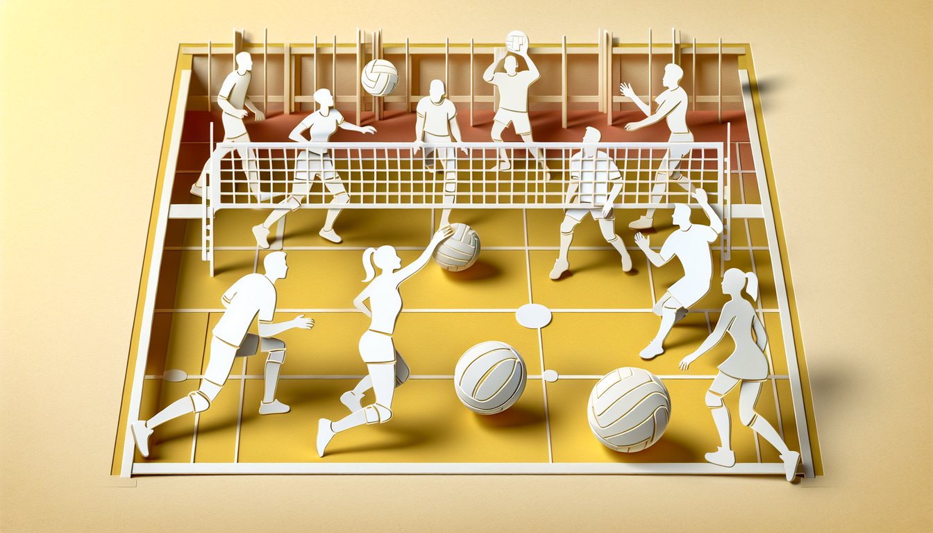 Paper art style volleyball court with net player silhouettes and quiz text on golden yellow background