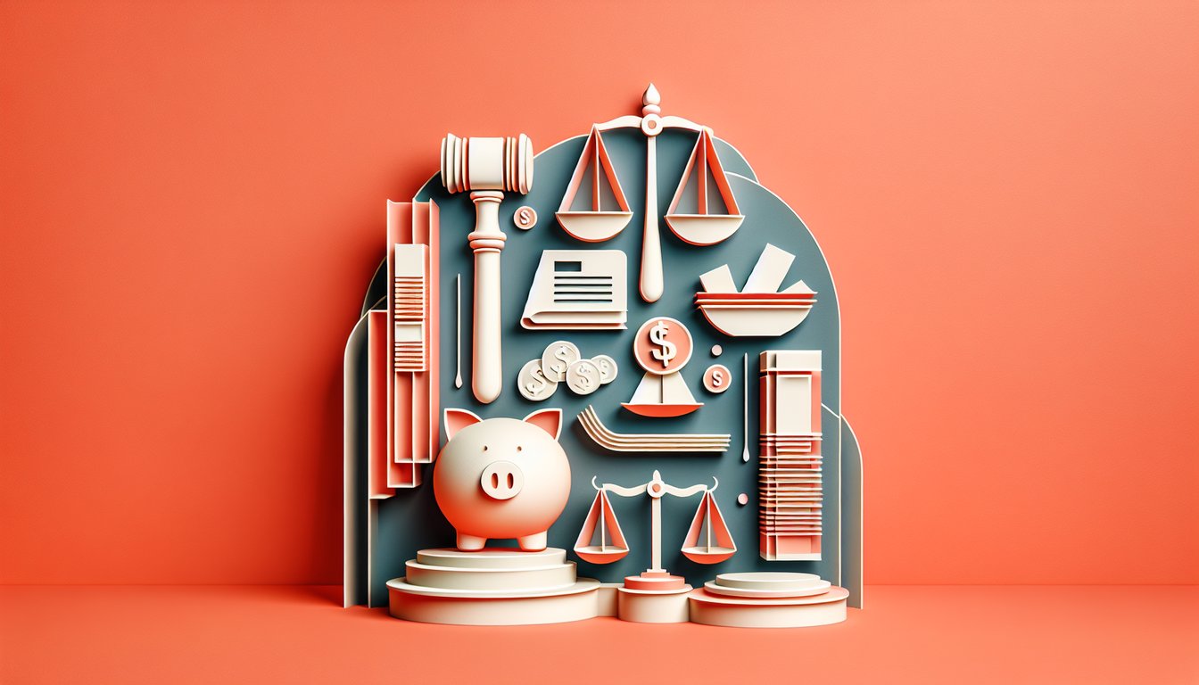 paper art life insurance quiz icons featuring law book, dollar sign, shield, graph on coral background