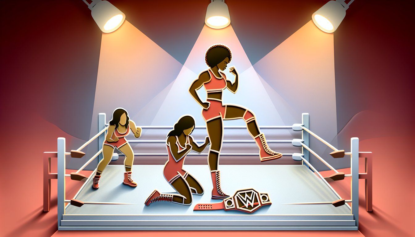 Paper art style female wrestling ring and championship belt with stars and lightning bolts on coral background quiz theme