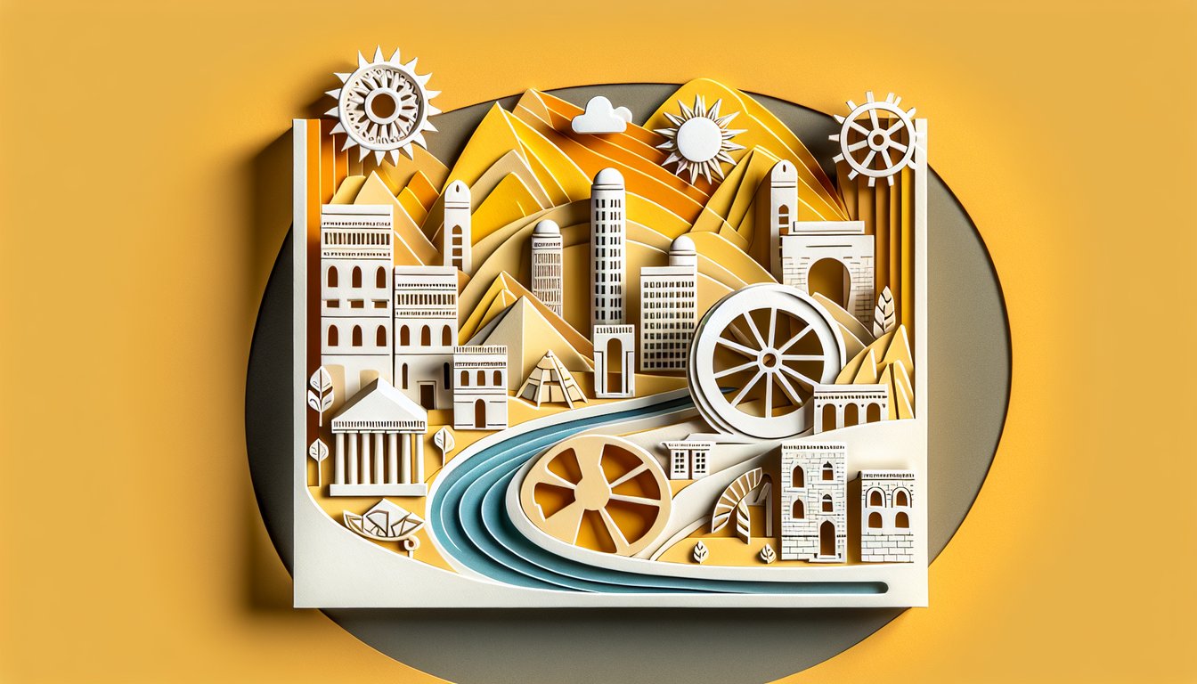 Paper art scene showing ancient Sumerian clay tablet wheel ziggurat cuneiform symbols on golden yellow background
