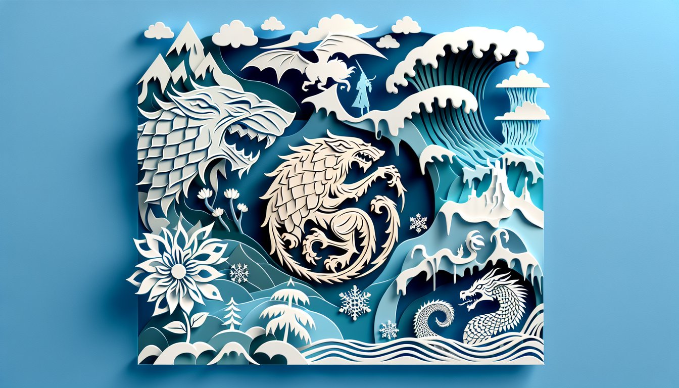 Game of Thrones themed personality quiz paper art illustration on a sky blue background