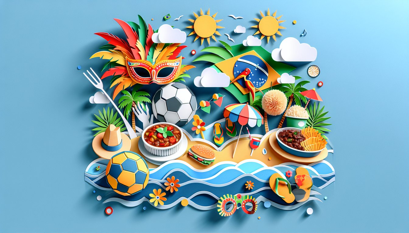 Paper art illustration for a Brazilian culture quiz on a sky blue background