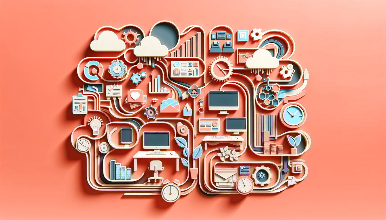 Paper art style workflow quiz scene with magnifying glass, documents, diagram on coral background