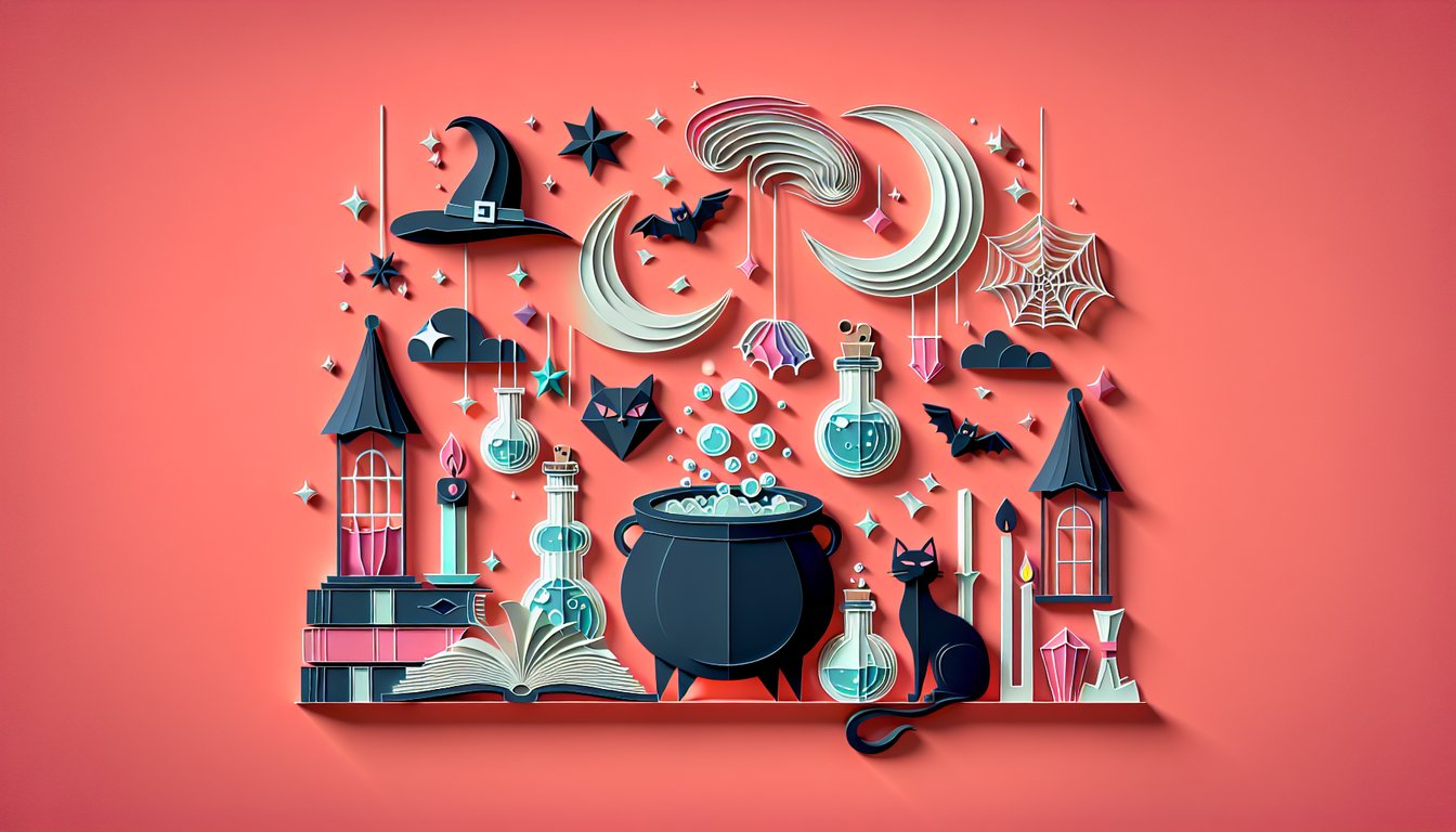 paper art witch hat, potion bottles, spellbook, broomstick, magic symbols on coral background for witch trivia quiz