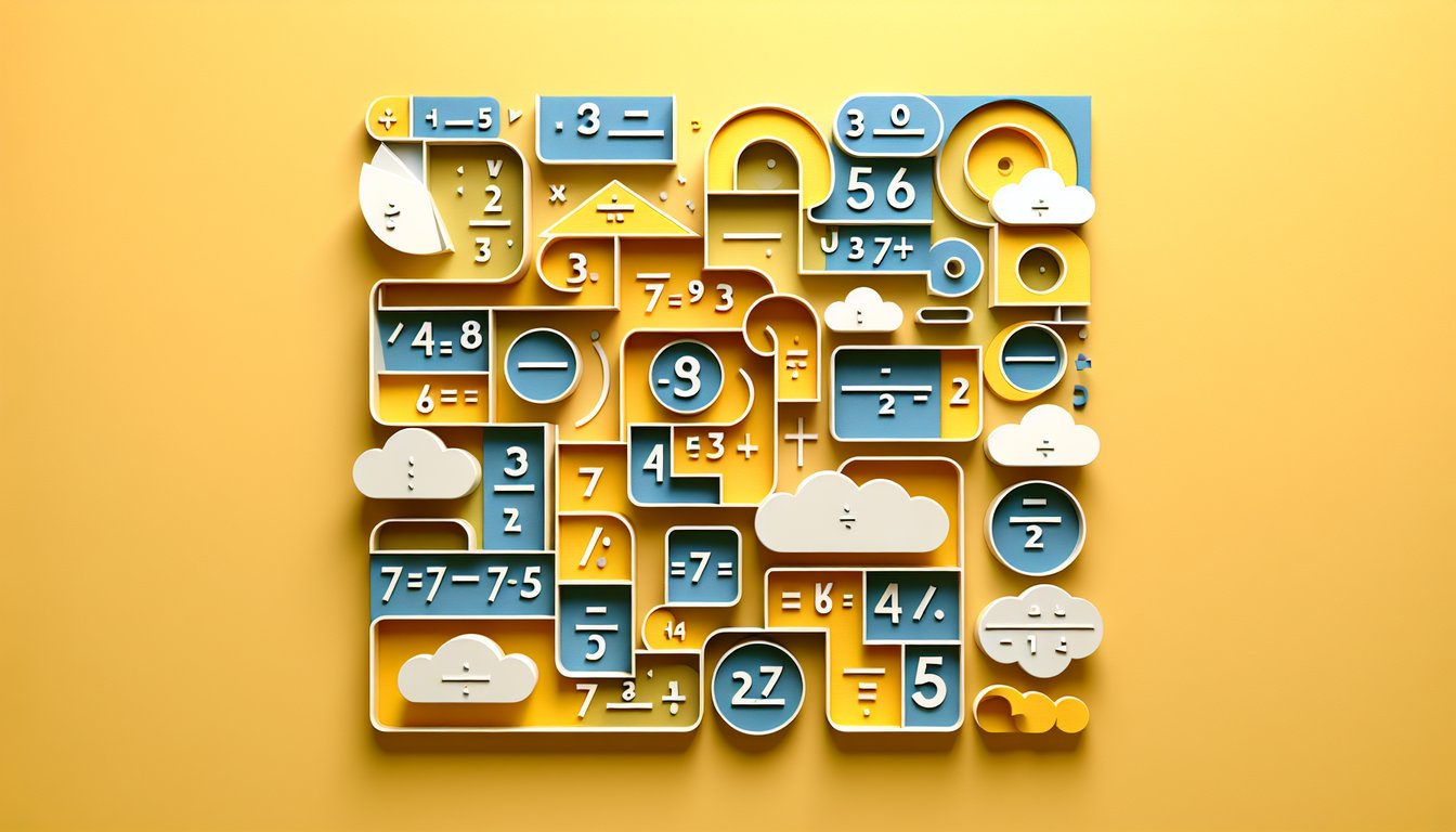 Paper cut style illustration, improper fraction conversion from 7 over 3 to 2 and 1 over 3 on golden yellow background