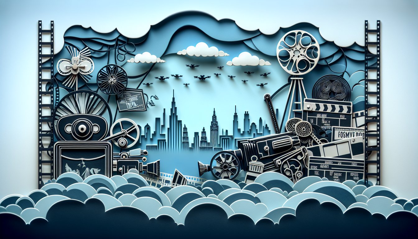 Paper art illustration with film reel and paper cutout letters spelling Casablanca trivia quiz on sky blue background