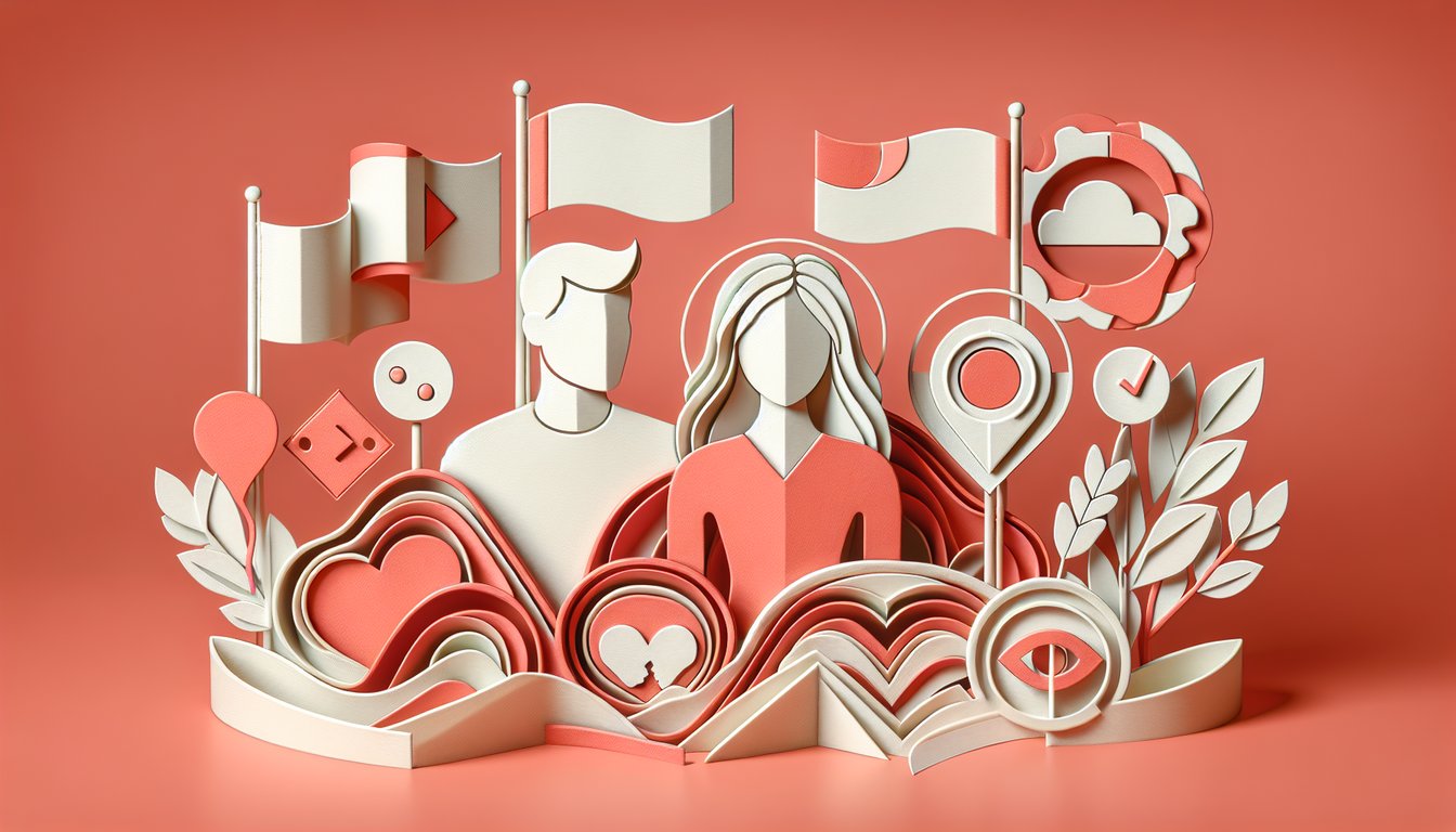 Paper art illustration for a quiz about spotting red flags in boyfriends behavior on a coral background.