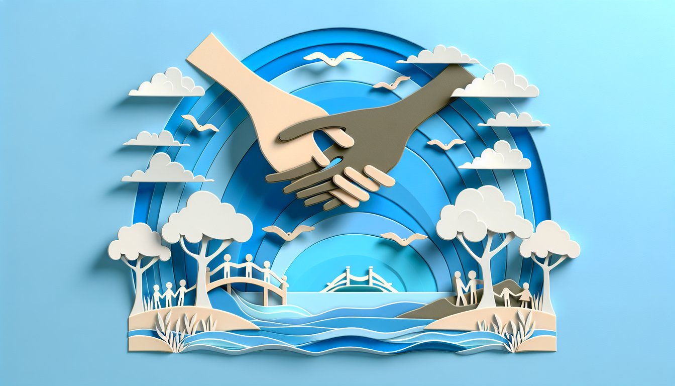 Paper cutout art friendship quiz on sky blue background showing friend silhouettes hearts question mark and paper planes