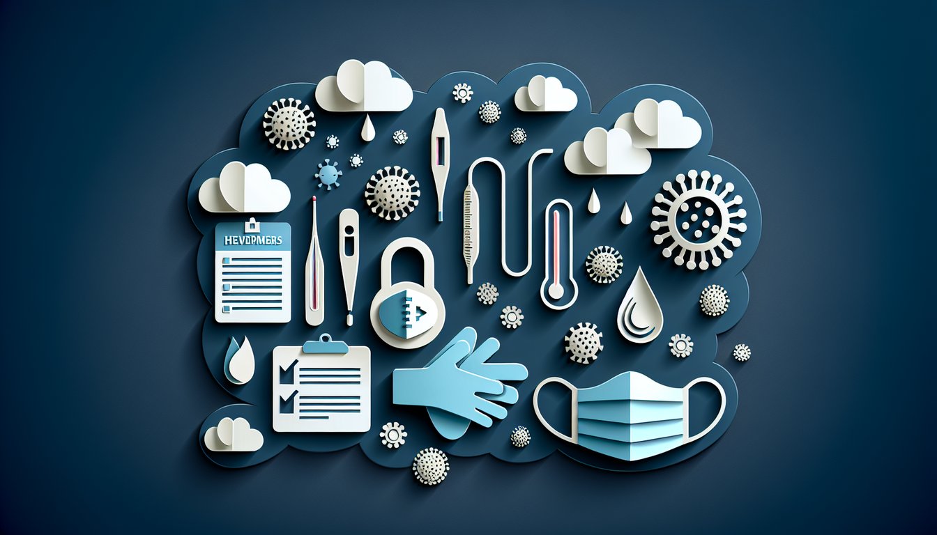 Paper art illustration of a quiz sheet with checklist thermometer face mask and virus icons on dark blue background.