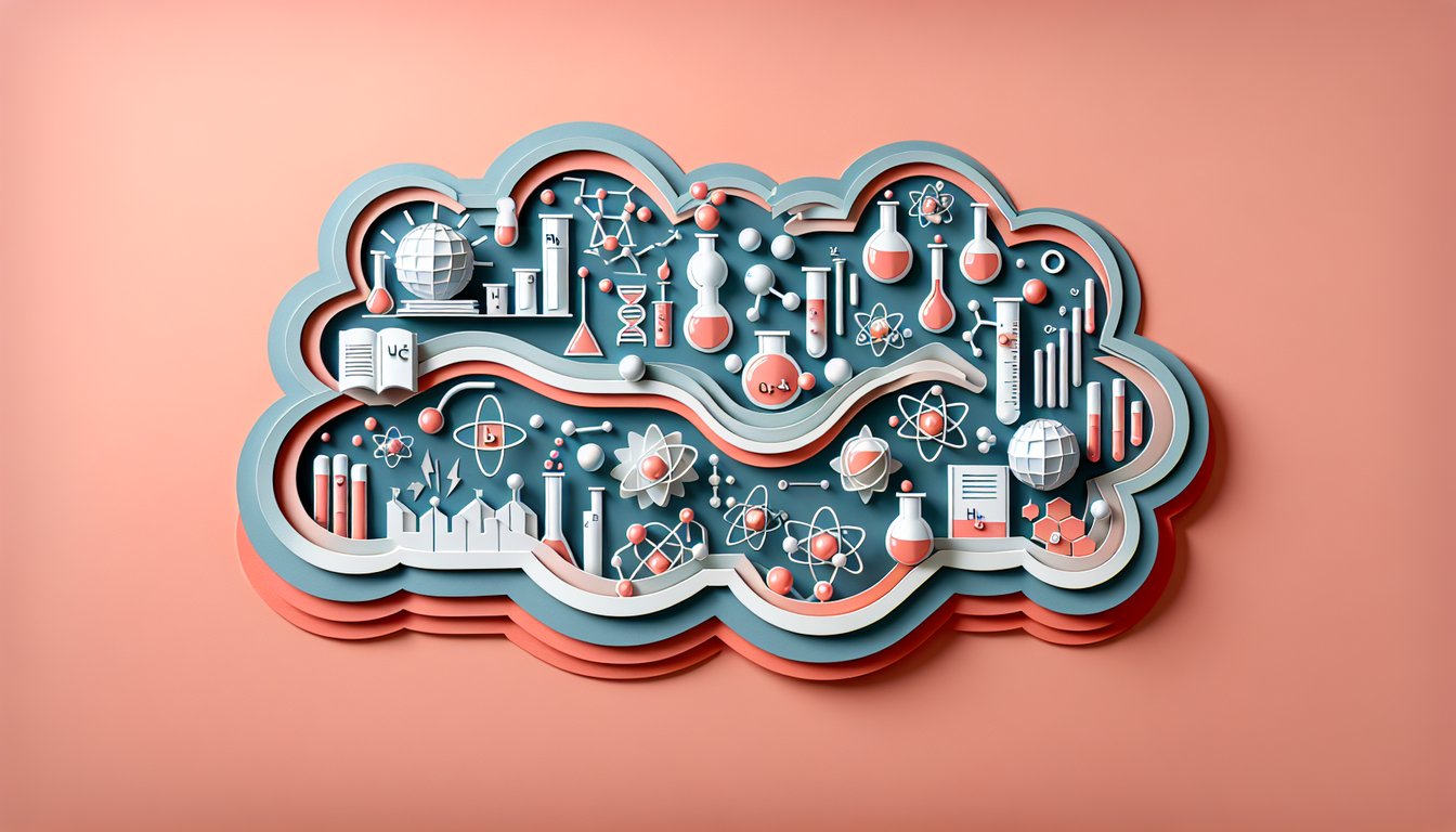 Paper art illustration for AP Chemistry Unit 1 practice test on coral background