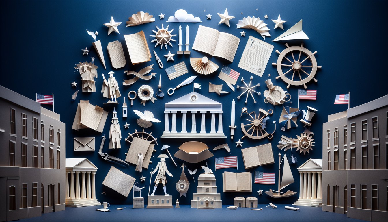 Paper art illustrating a trivia quiz on the Declaration of Independence for student learning.