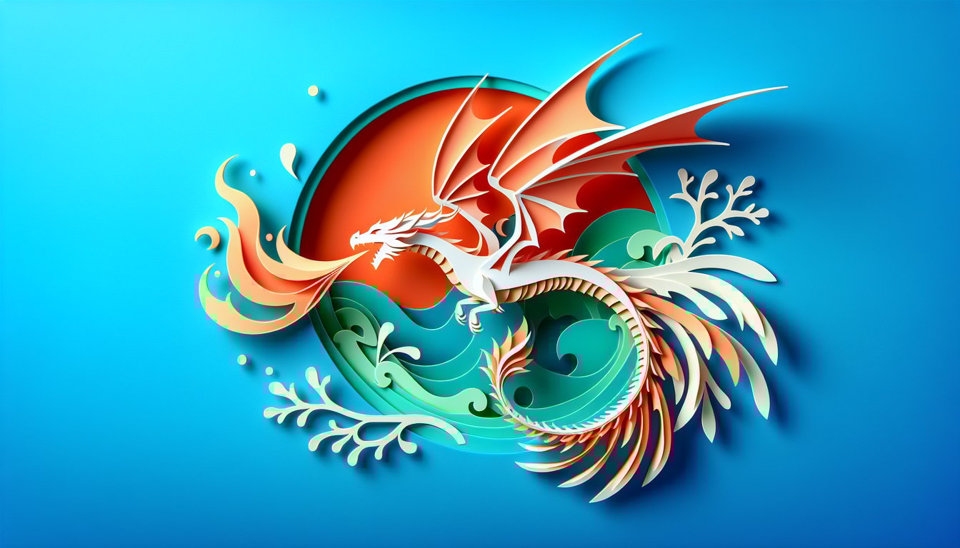 Paper art illustration for a dragon-themed quiz on a coral background