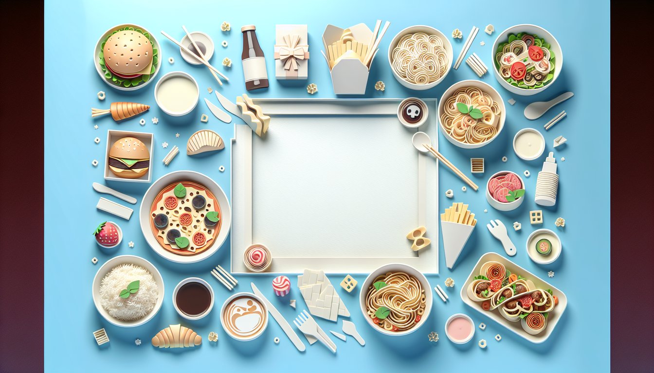 Paper art food icons including pizza sushi burger salad utensils and quiz call to action on sky blue background