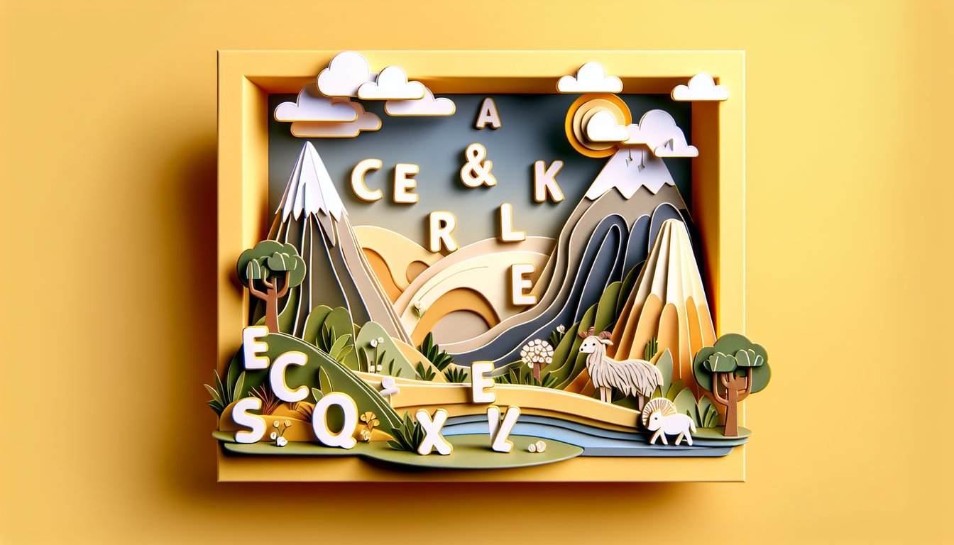 Paper art letters and shapes representing vowels and consonants on golden yellow background for beginner quiz