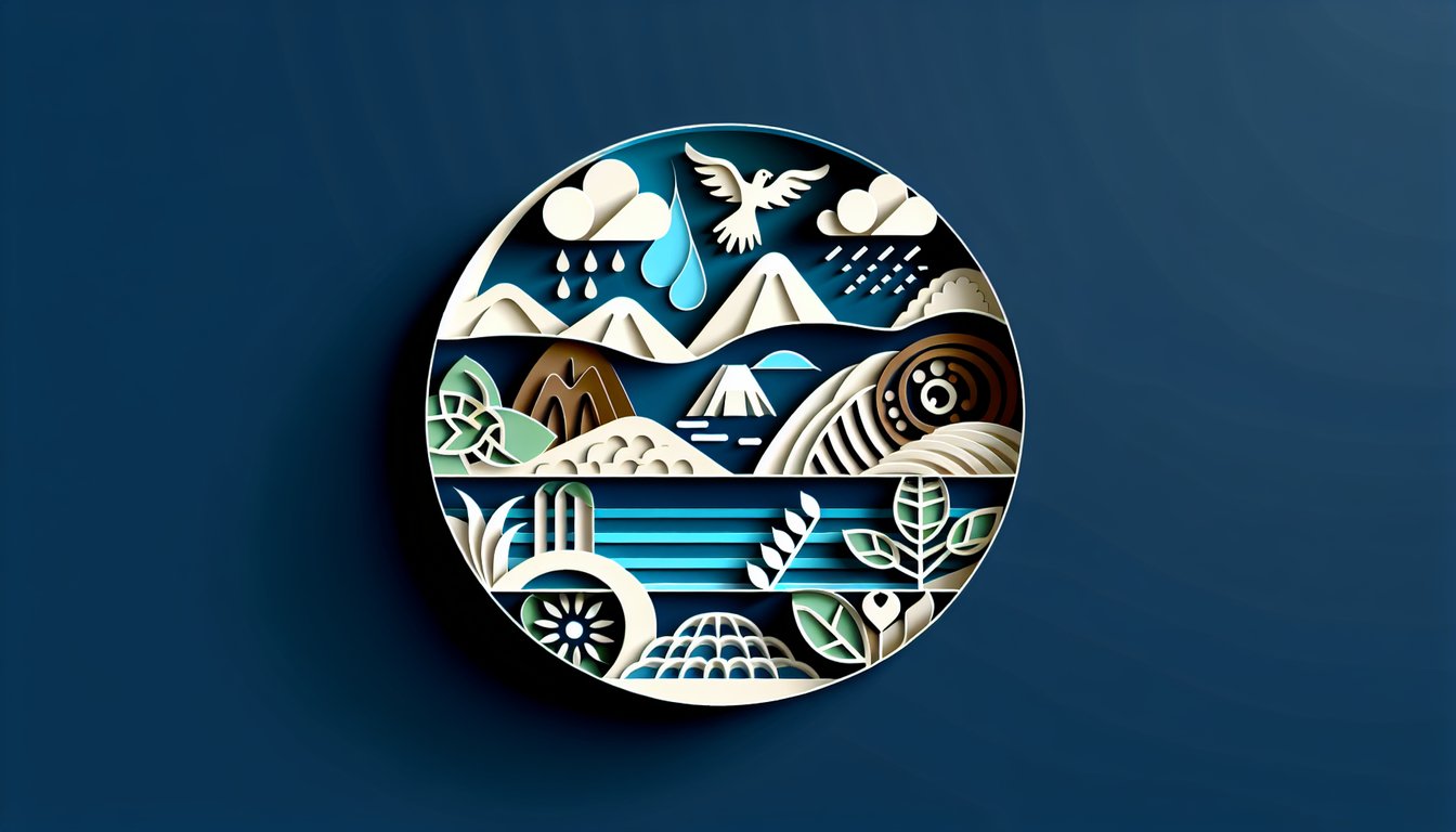 paper art collage with Guatemalan motifs folded California map textiles social theme icons on dark blue background