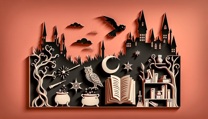Paper art wizard hat wand and spellbooks on coral background banner for hard Harry Potter seventh book trivia quiz