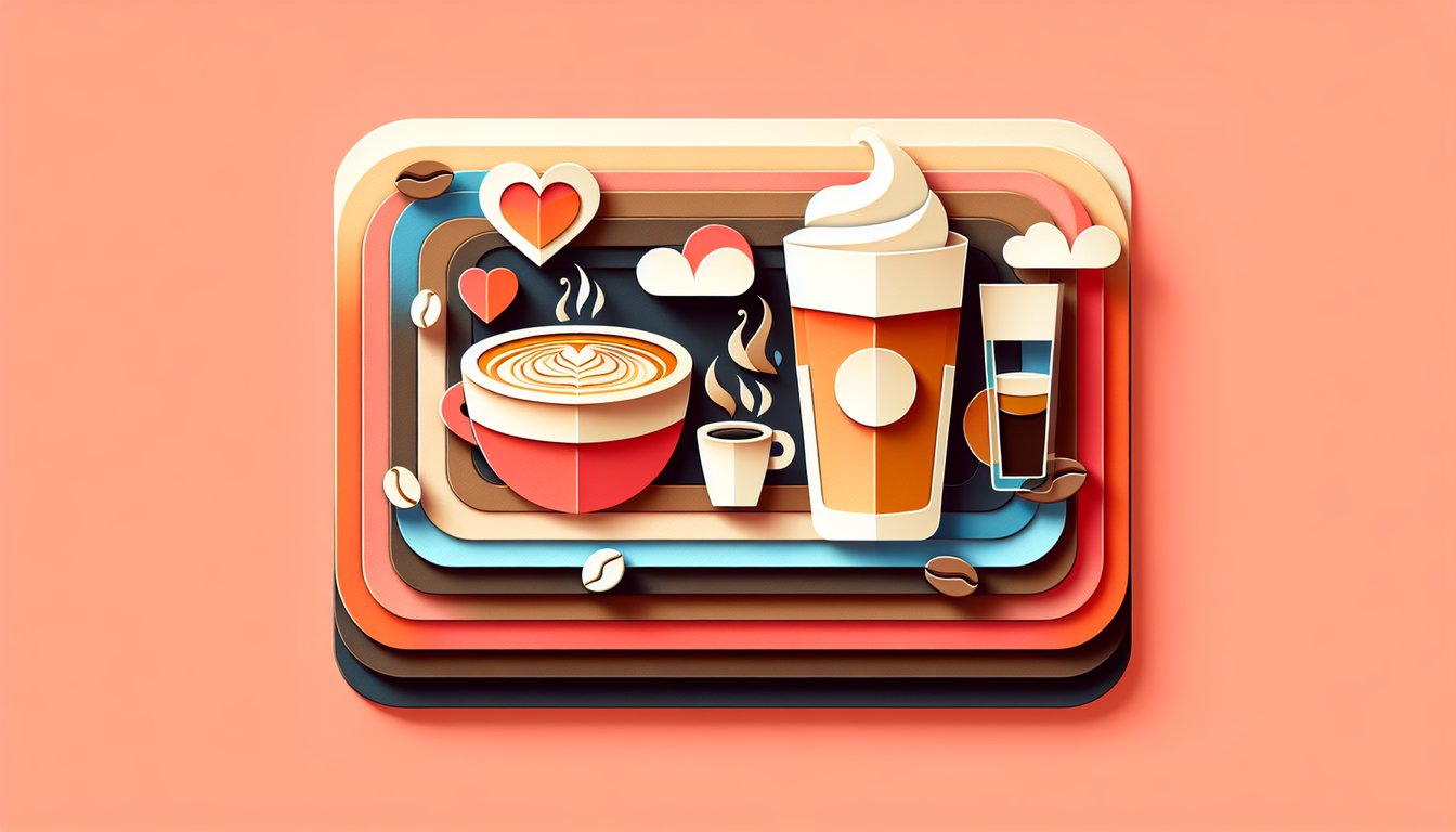 Paper art illustration of espresso latte and cold brew cups with beans and quiz prompt on coral background