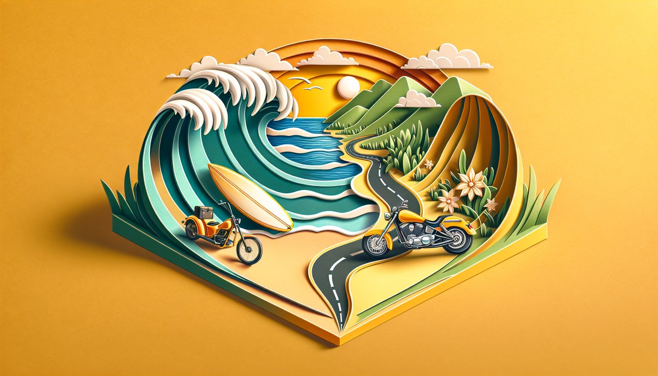 Paper art surfer and biker silhouettes divided by wavy line on golden yellow background adventure quiz graphic