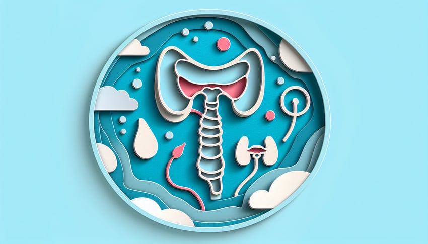 Paper art illustration of thyroid pituitary adrenal glands and pancreas on sky blue background for nursing quiz