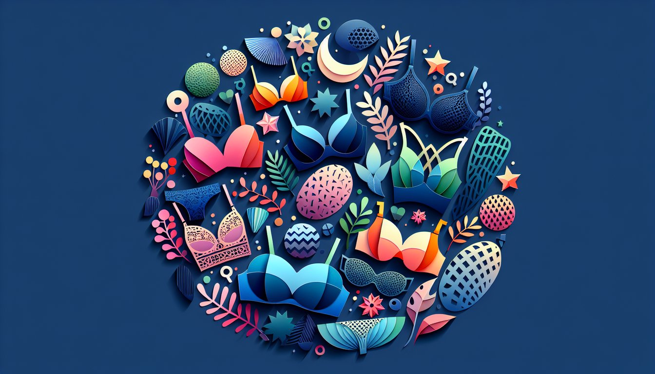 Paper art illustration of various bras and sizing elements for a quiz about finding best bra type on a dark blue background