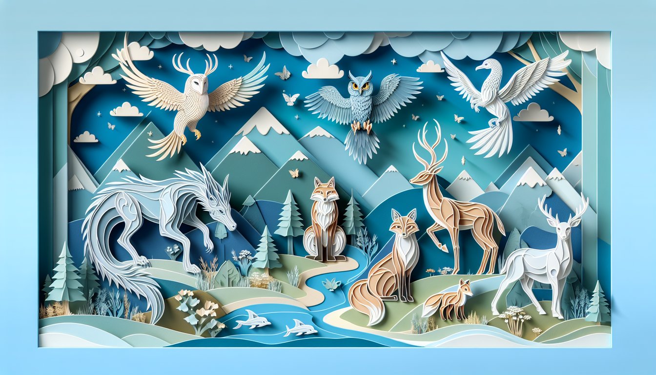 paper art illustration of wizard hat, wand, magic sparkles and animal silhouettes on sky blue background