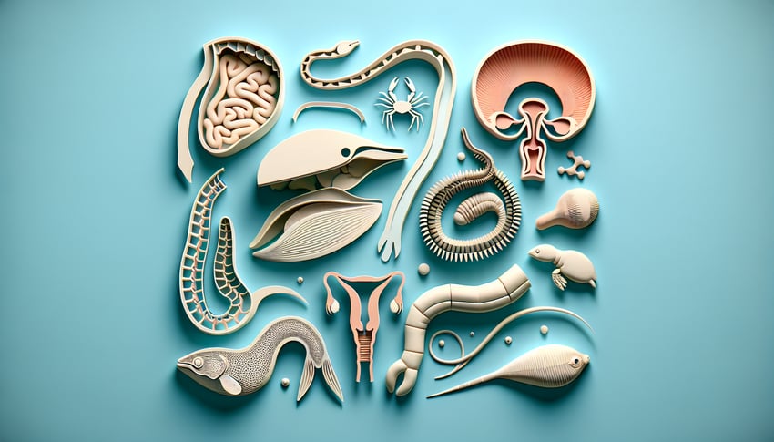 paper art illustration of vestigial wing, tail, appendix icons on sky blue background for vestigial structures quiz