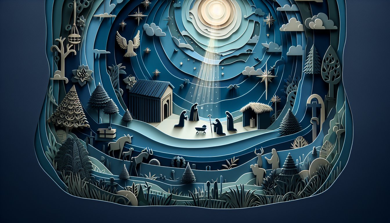 Paper art illustration for Luke Chapter 1 Bible quiz on dark blue background