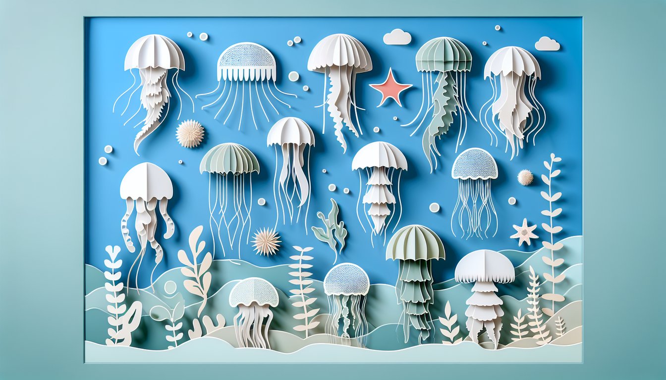 Paper art jellyfish cutouts float on a sky blue background for a free quiz matching your traits to a jellyfish