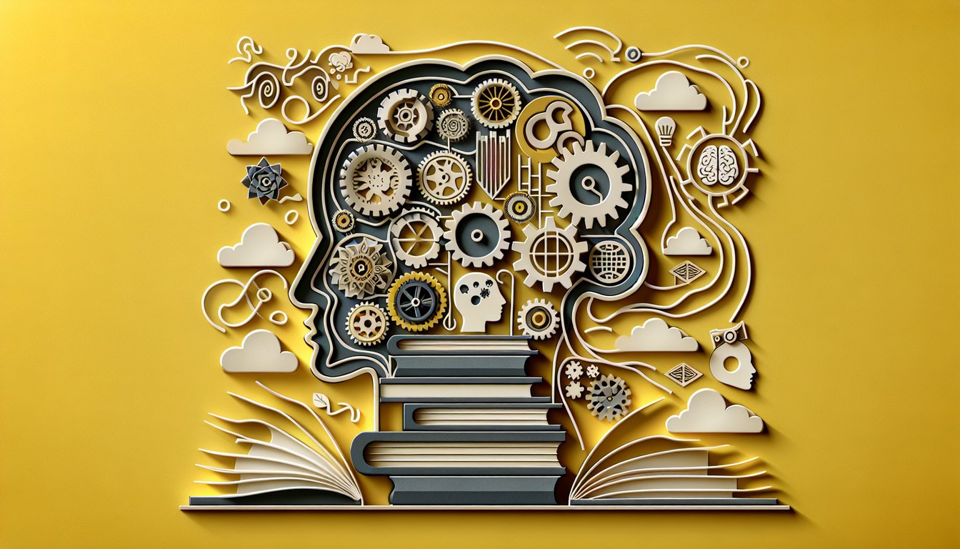 paper art quiz illustration on golden yellow background showing text structure concept with papers pencil book icons