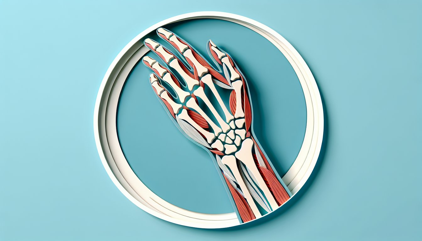 Paper art illustration for forearm, hand, and wrist anatomy quiz on sky blue background