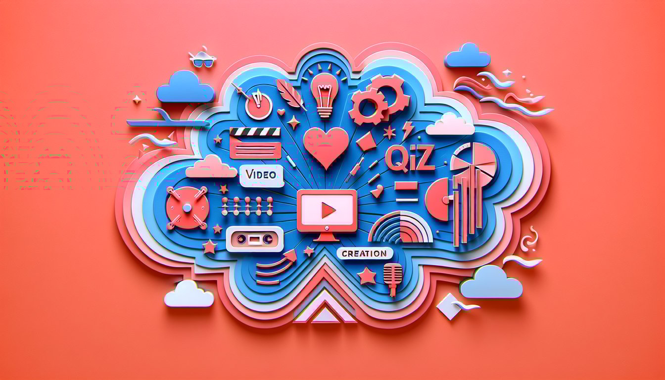 Paper art illustration on coral background with Ivanas Dreams Quiz text video icon heart question mark trivia icons