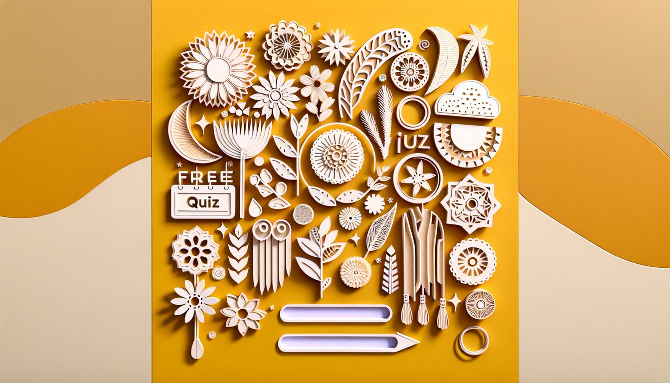 Paper collage for aesthetic quiz with boho patterns minimalist shapes and vintage elements on a golden yellow background