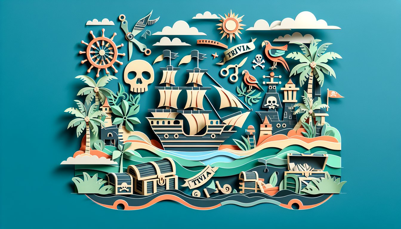 Paper art illustration for a pirate trivia quiz on a teal background