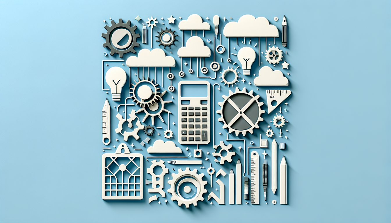 Paper cut tools gears measuring tape ruler numbers on sky blue background representing industrial math problem solving quiz