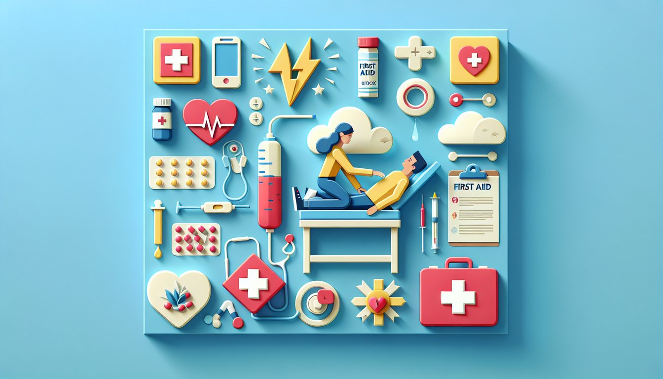 Paper art illustration of first aid icons medical cross bandage heart on sky blue background for shock quiz