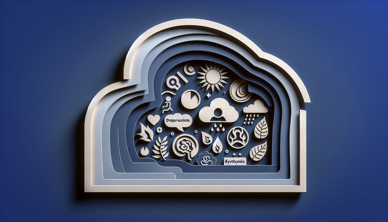 Paper art style brain made of layered shapes question marks and teardrop icons on dark blue background