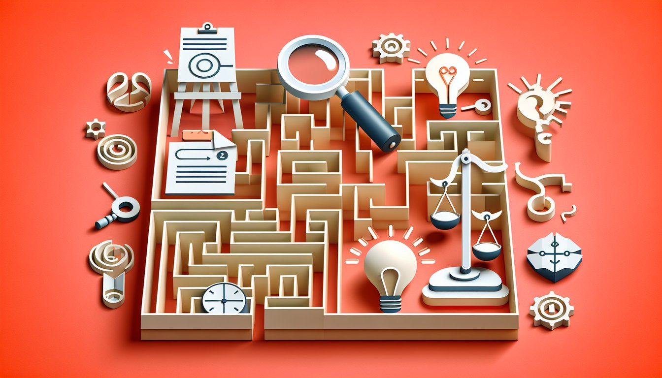 Paper art of logic puzzle pieces and question mark shapes on coral background for deductive reasoning quiz
