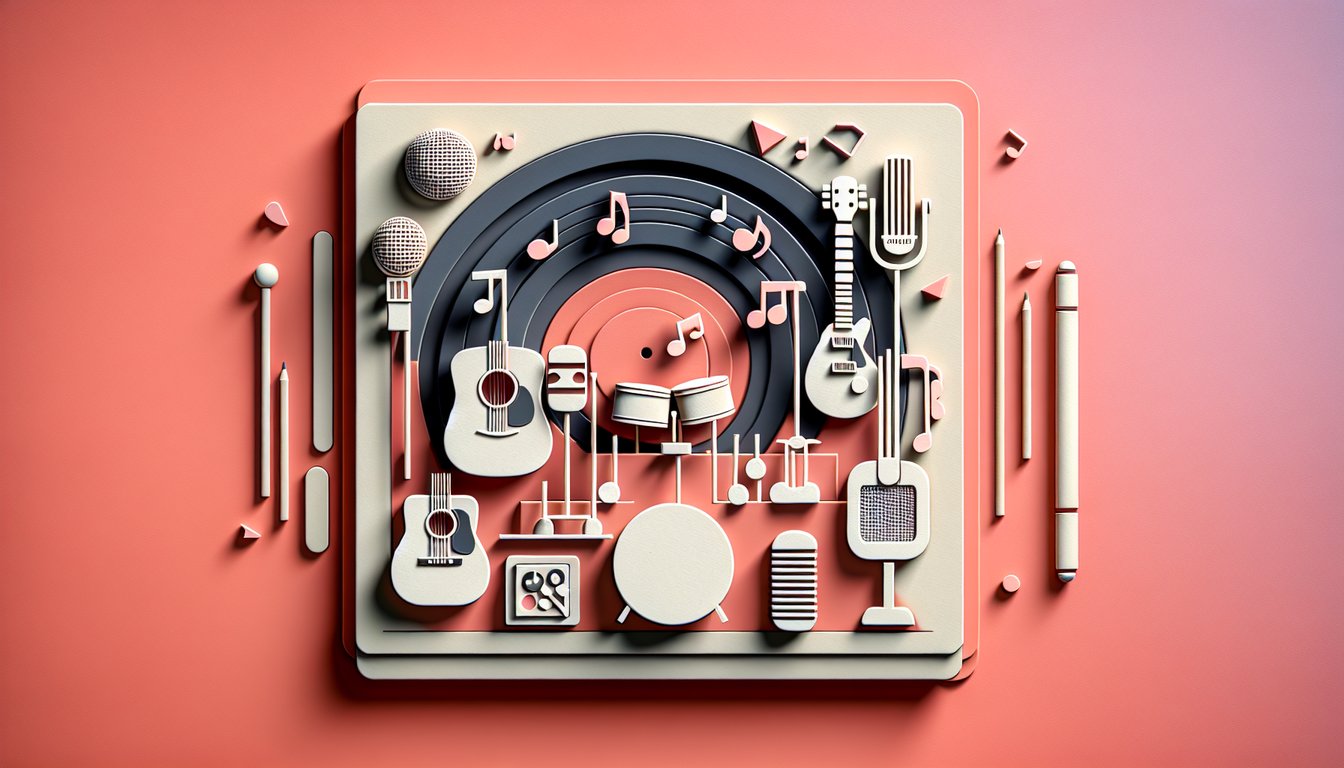 Paper art illustration for Fleetwood Mac trivia quiz on a coral background