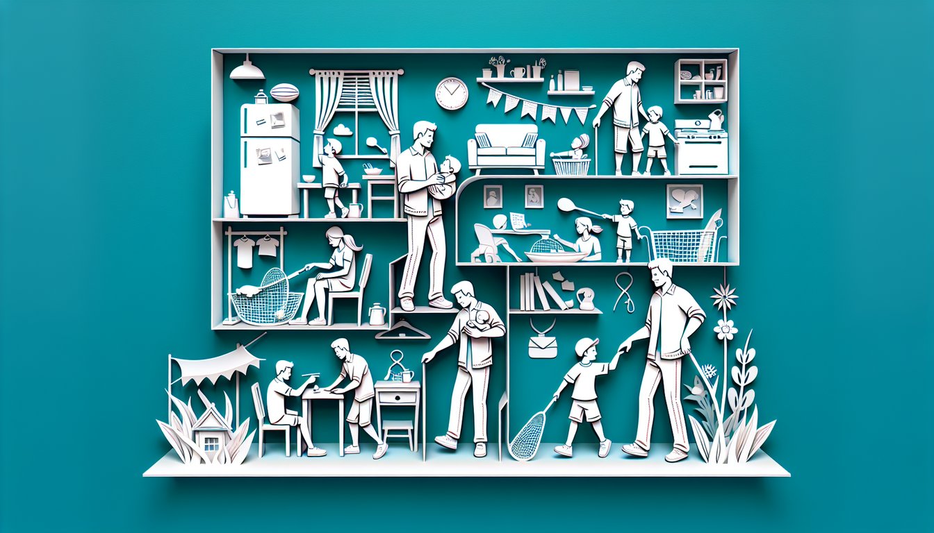 Paper art illustration of a dad and child with quiz icons and scenario bubbles on a teal background