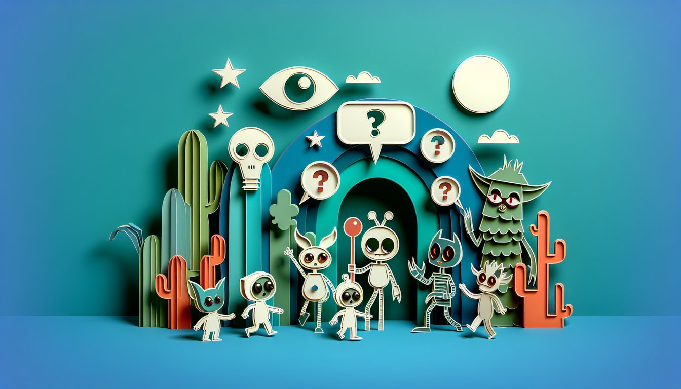 Paper cutout animatronic figures on teal background promoting free Sister Location quiz with playful paper art style