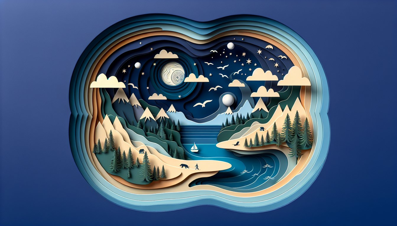 Layered paper art forest mountains river sun on dark blue background invites quiz takers to test calm or adventurous nature