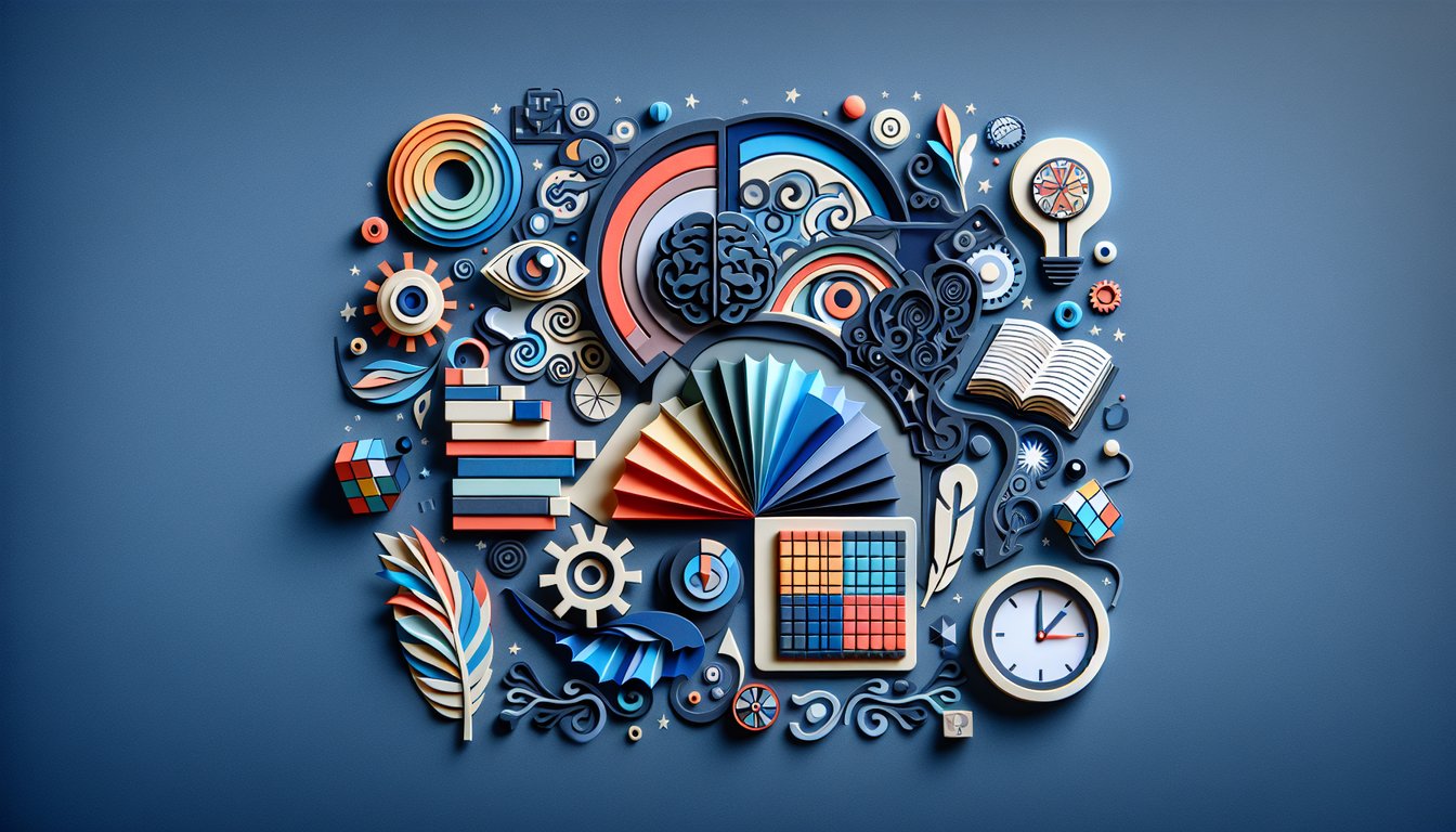 Colorful paper art promoting an online quiz on color vision, English and IQ assessment