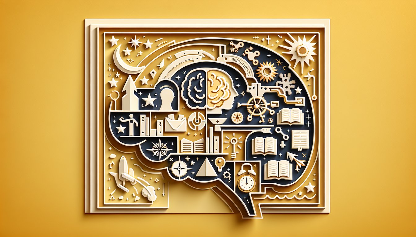 Paper art of speech bubbles and question marks on golden yellow background for a life motto personality quiz.